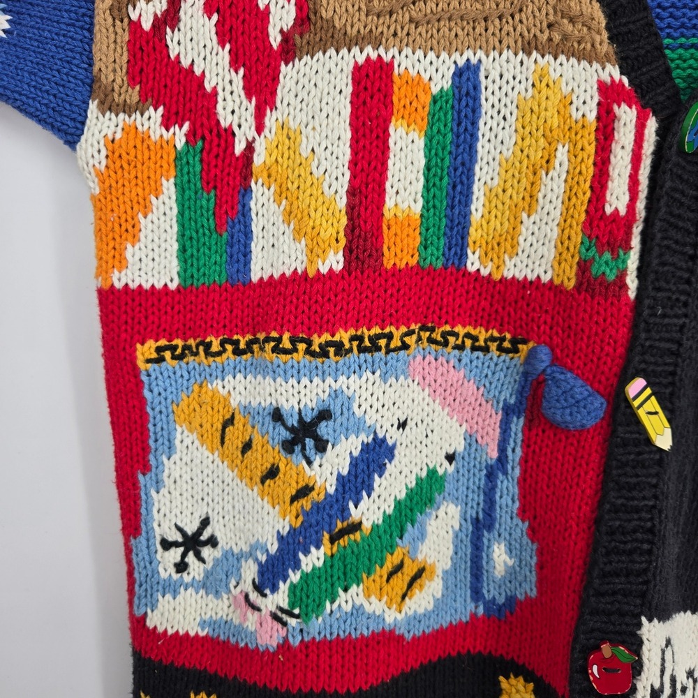 Vintage 90s Womens M Cardigan Sweater Teacher Back To School Kids Education - Picture 5 of 16